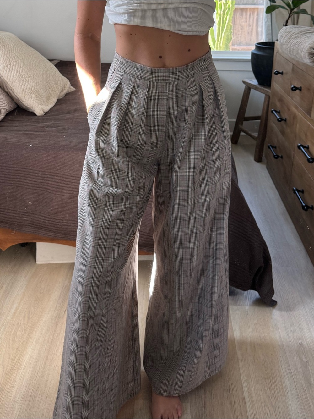 Corey Lynn Calter Gray Plaid Wide-Leg High-Waist Pants